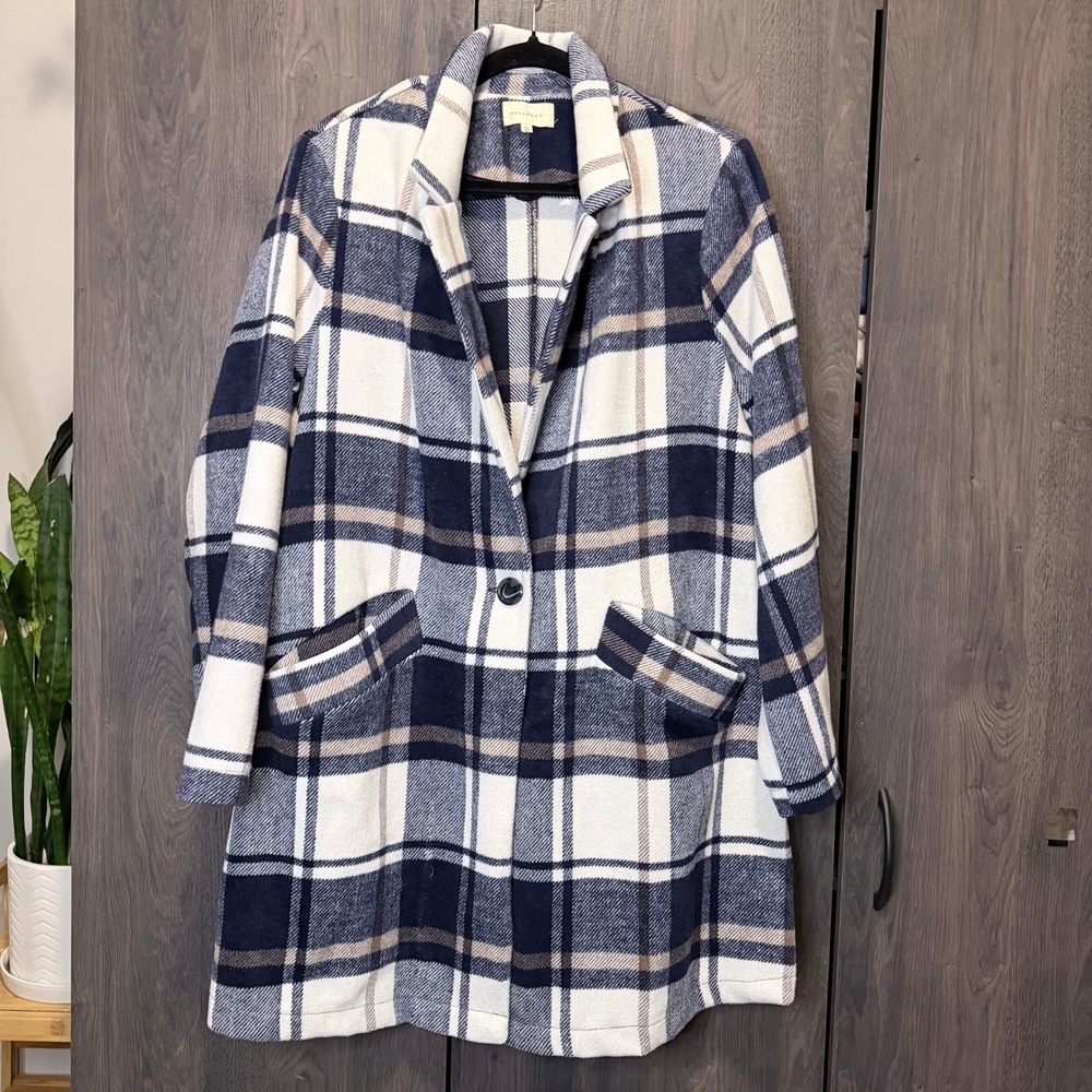 Large Melloday Navy Blue Cream Plaid Wool Blend Single Button‎ Long Coat Jacket